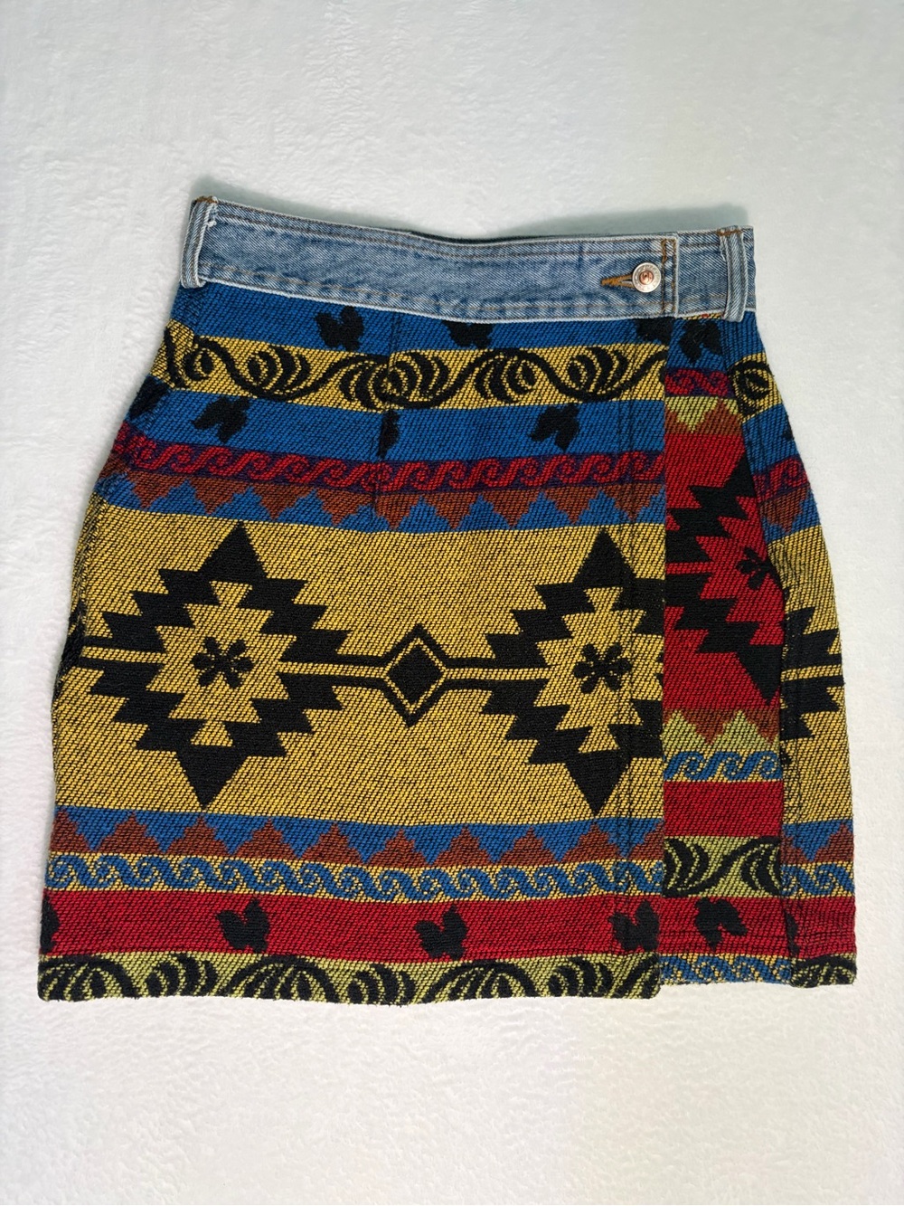 Vintage BUM Equipment Aztec-Inspired Mini Skirt with Denim Waistband